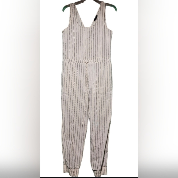 Anthropologie Drew EUC Black Striped Jumpsuit | Elastic Ankles | Linen | Size S - Picture 1 of 4